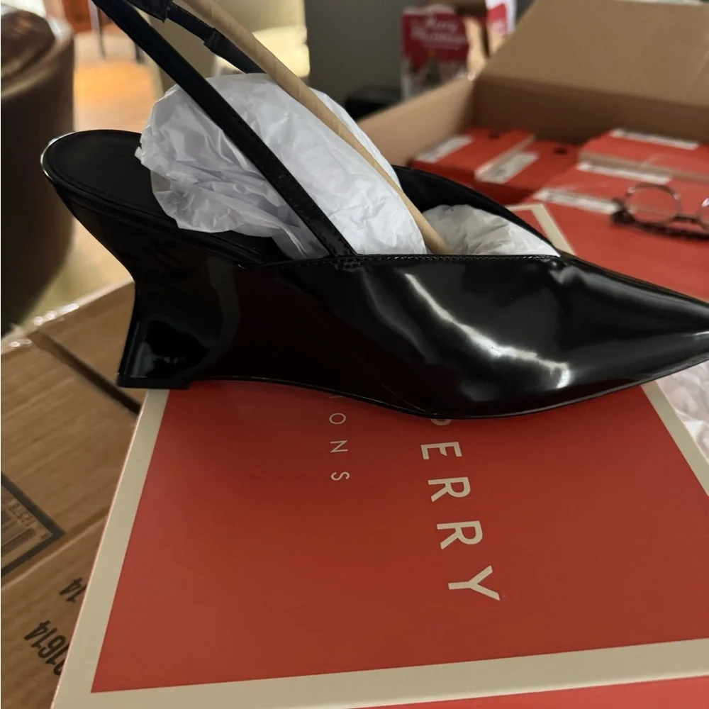 Black Patent Slingback Pointed-Toe Wedge Pump